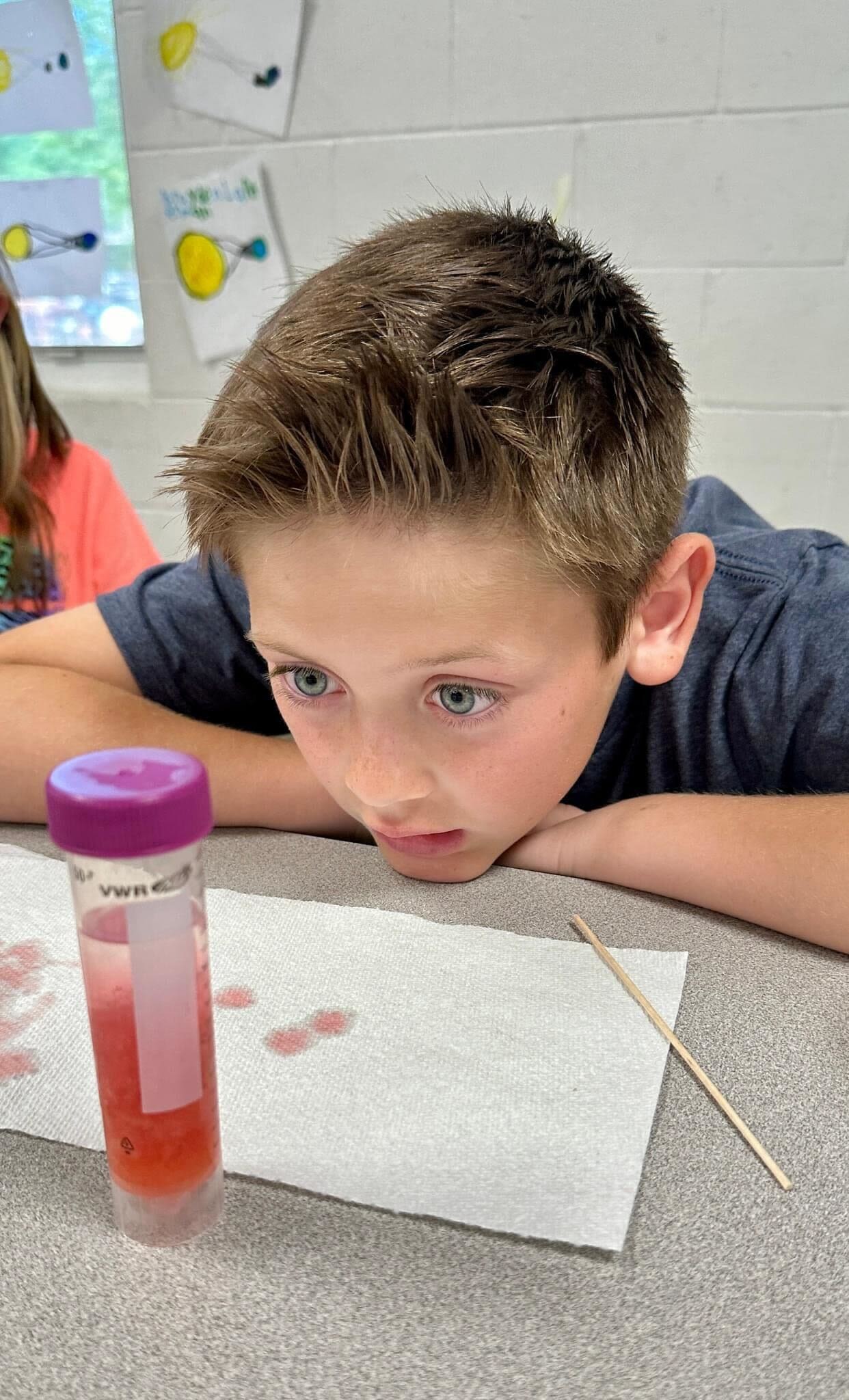 a young boy looking at a science tube of pink liquid