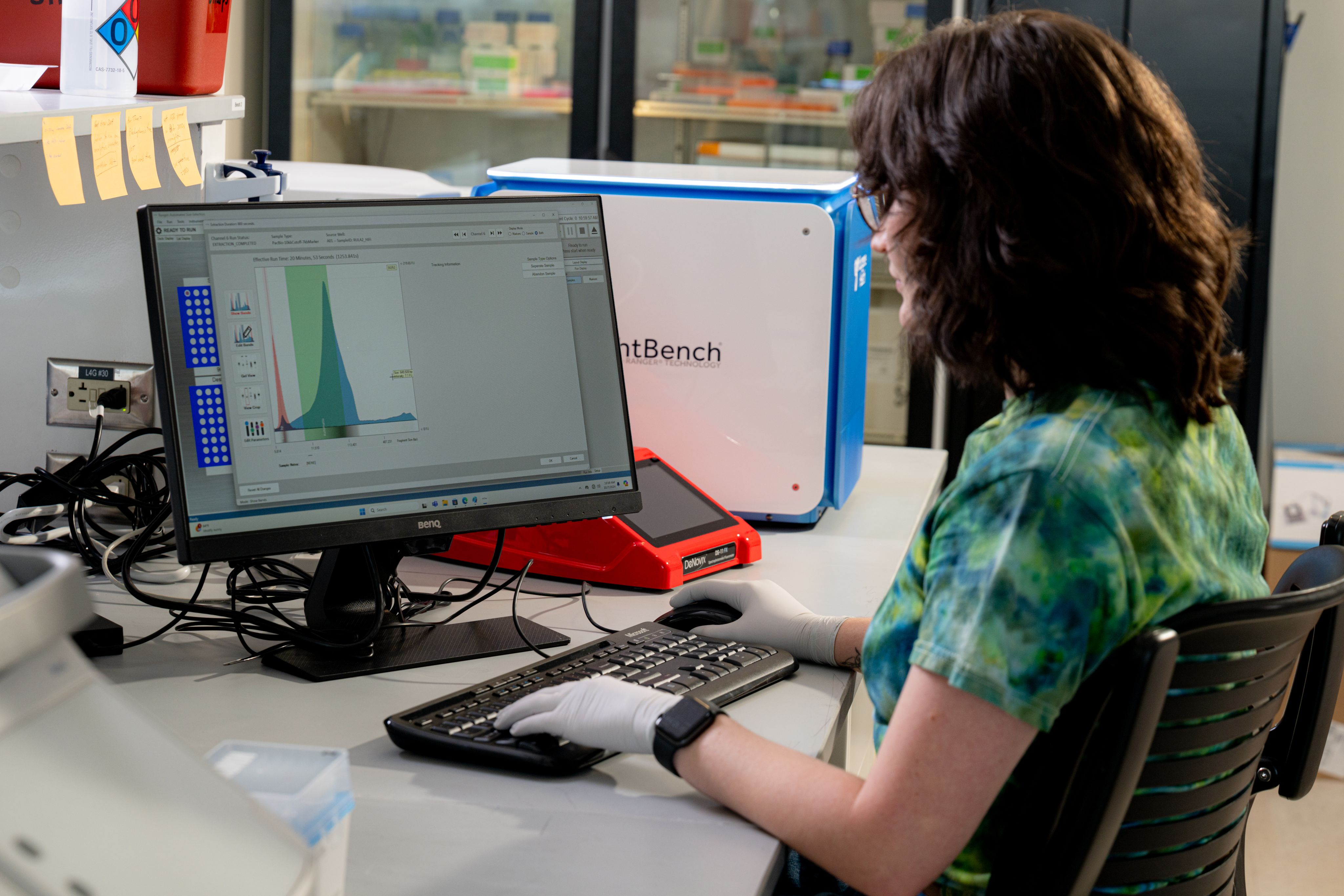 A female scientist doing work on a computer