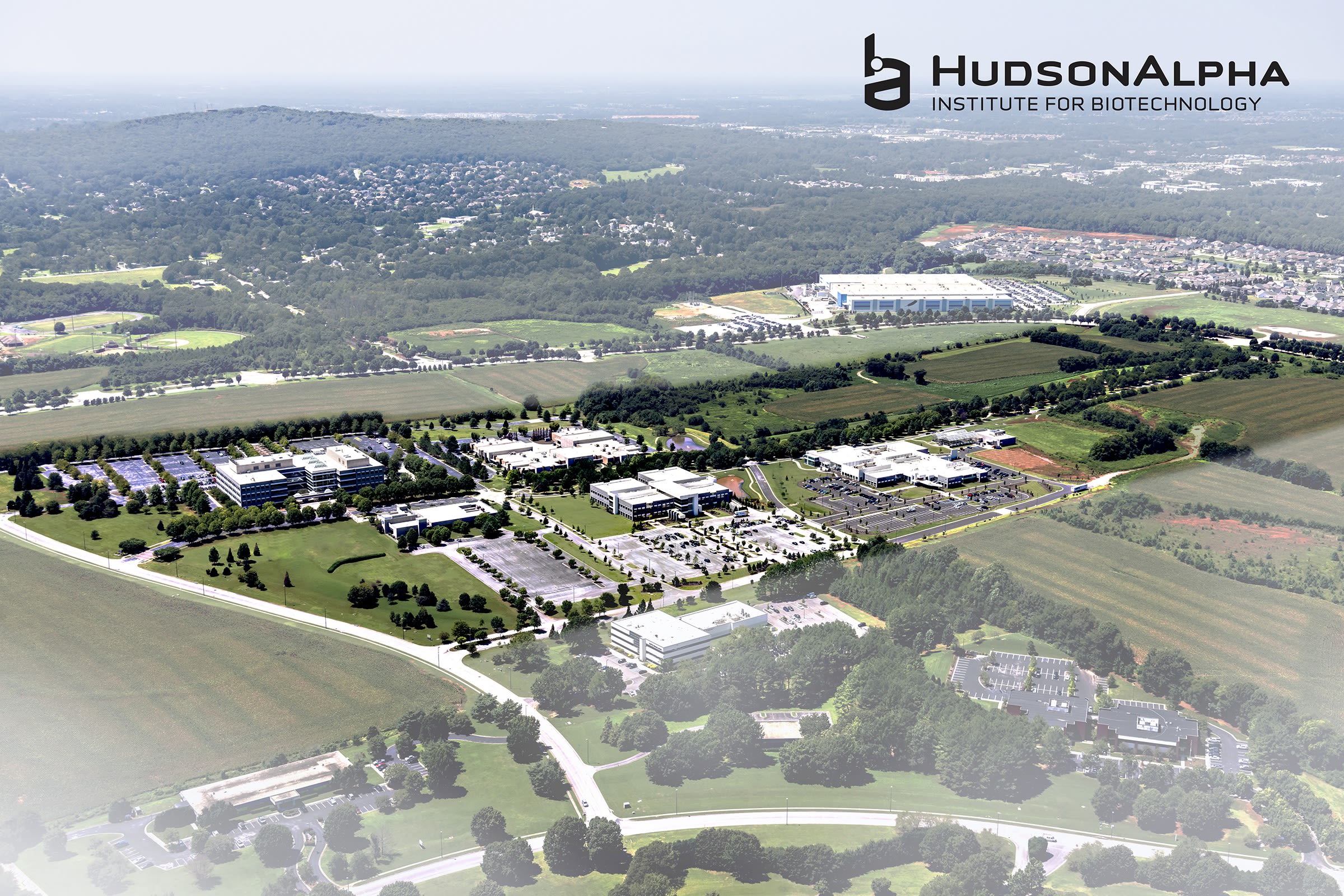 An aerial view of a biotech campus 