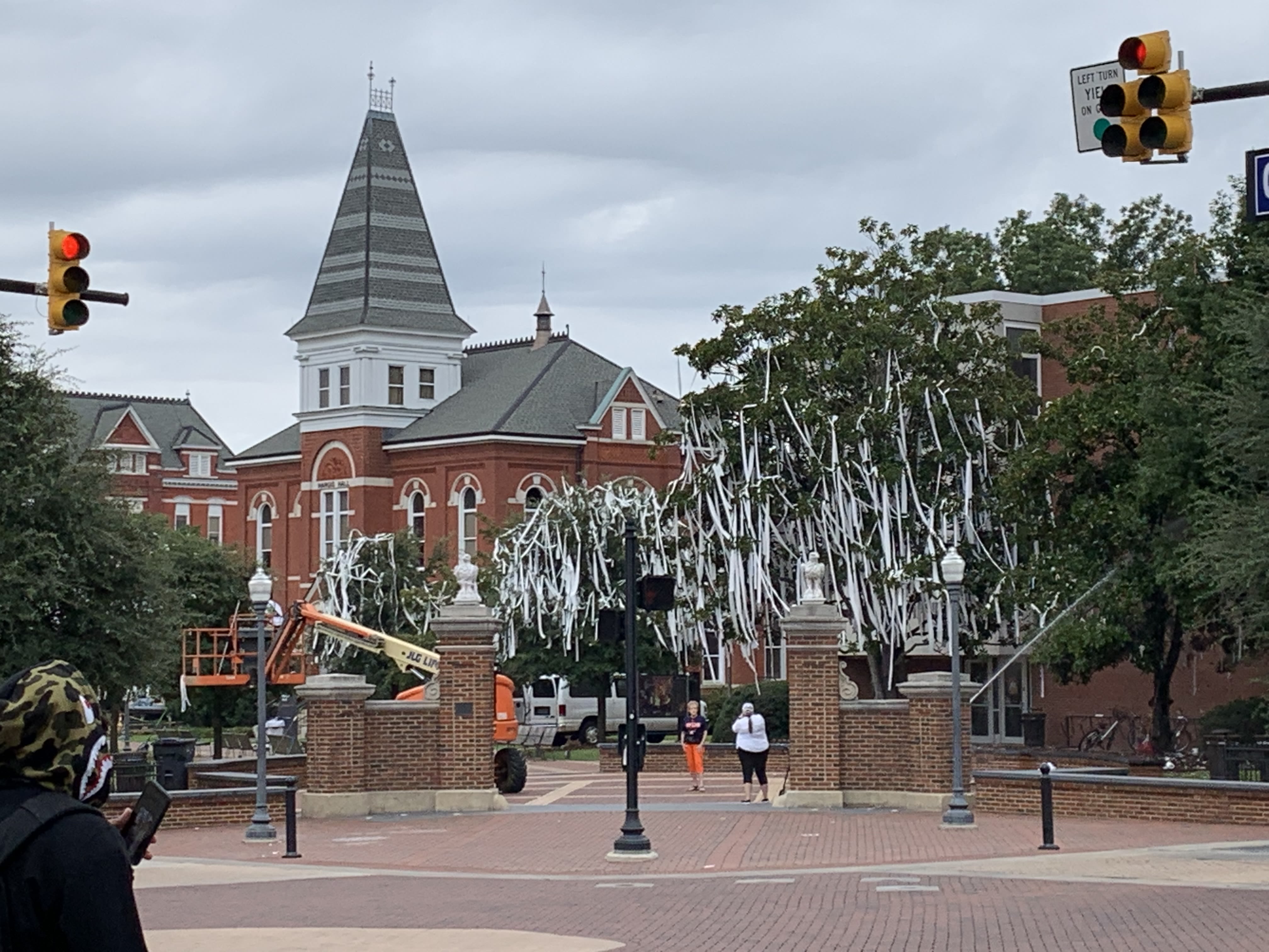 A picture of the Auburn University campus after the trees have been rolled with toilet paper.
