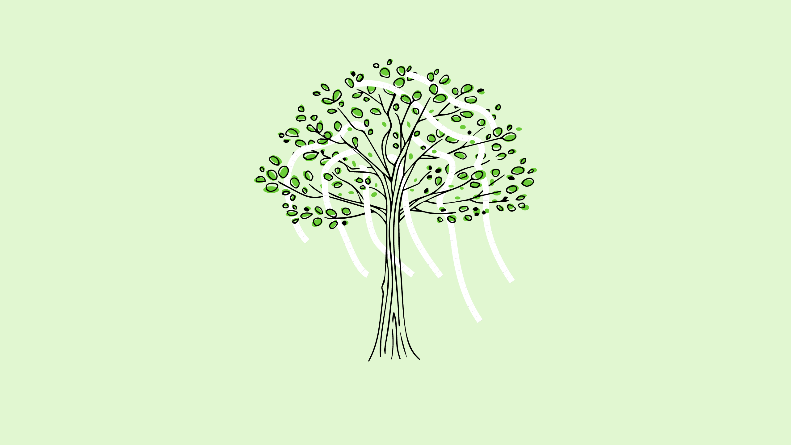 A stylized illustration of an oak tree rolled in toilet paper on a pale green background.
