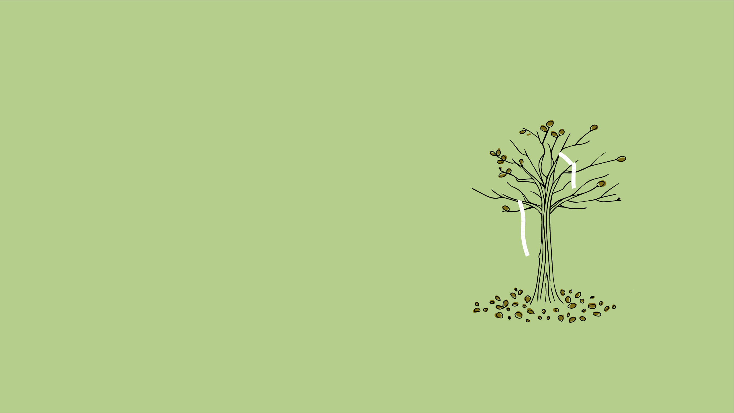 An illustration of the same oak tree, but the leaves have fallen and the colors are darker implying that it is sick.