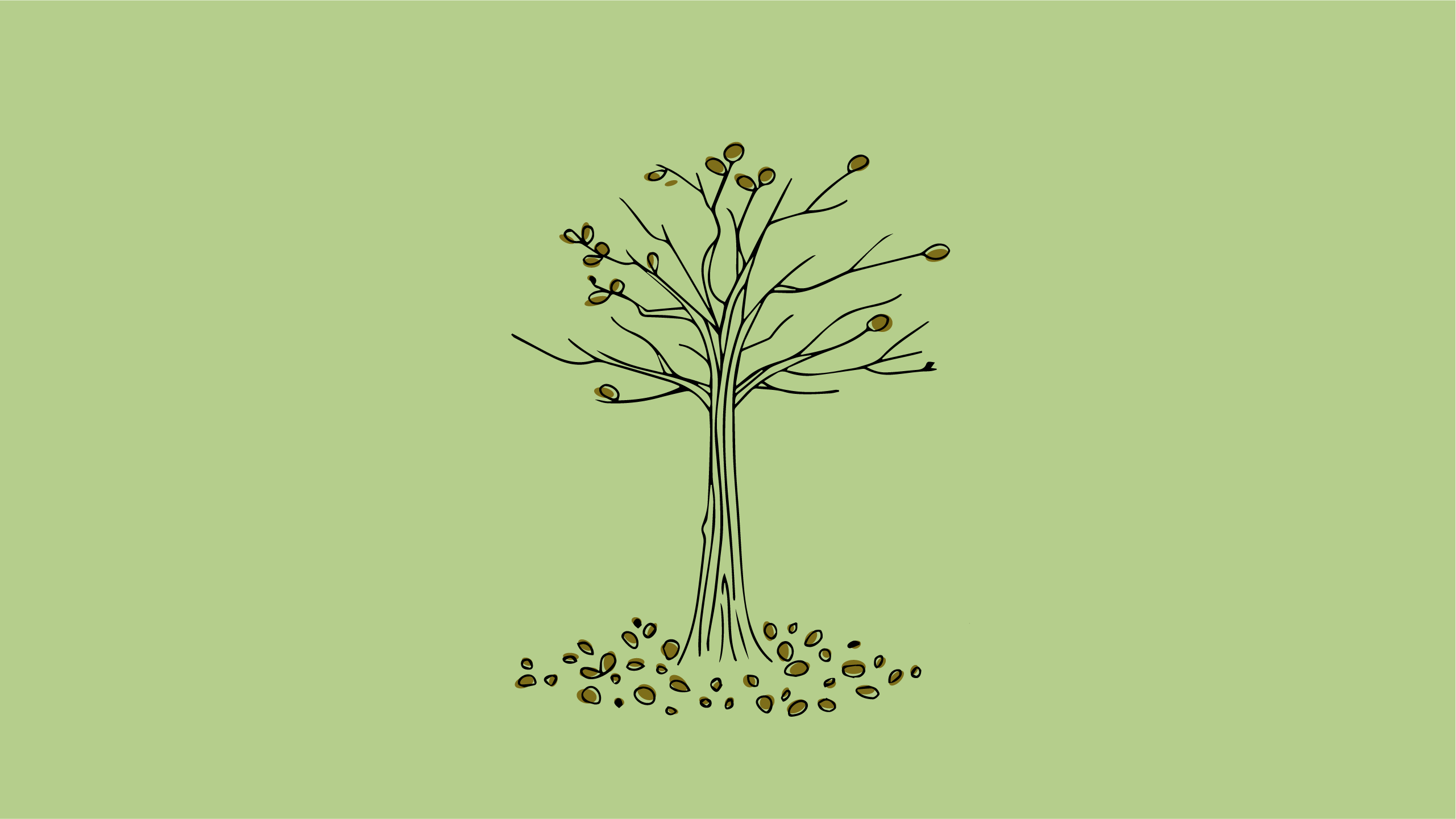 An illustration of the same oak tree, but the leaves have fallen and the colors are darker implying that it is sick.